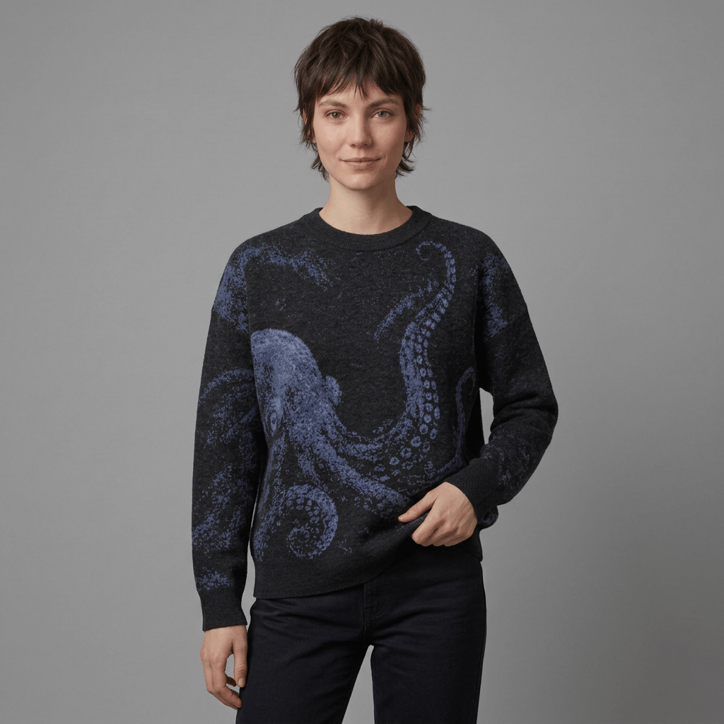 Relaxed black knit sweater with soft-blue octopus print
