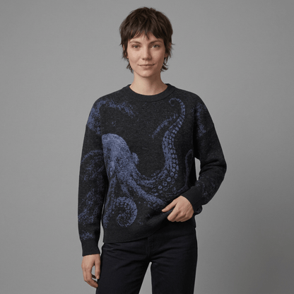 Relaxed black knit sweater with soft-blue octopus print