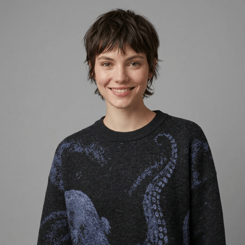 Close-up of textured blue octopus illustration on sweater