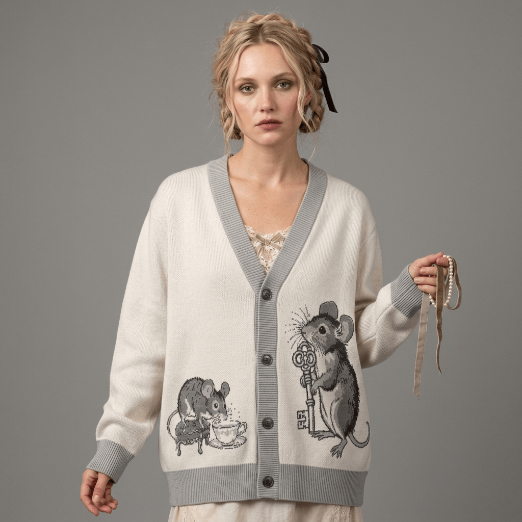 Model wearing cream mouse-illustrated cardigan with pearl necklace against gray backdrop