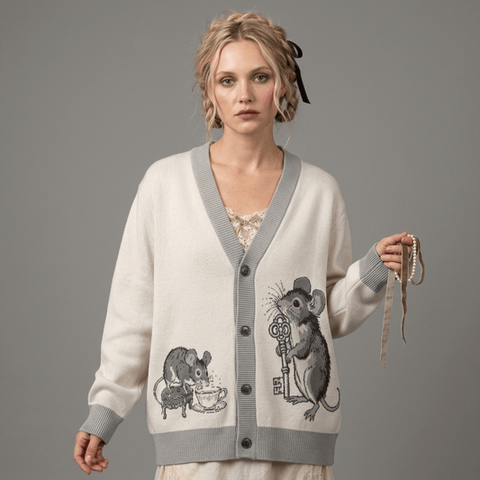 Model wearing cream mouse-illustrated cardigan with pearl necklace against gray backdrop