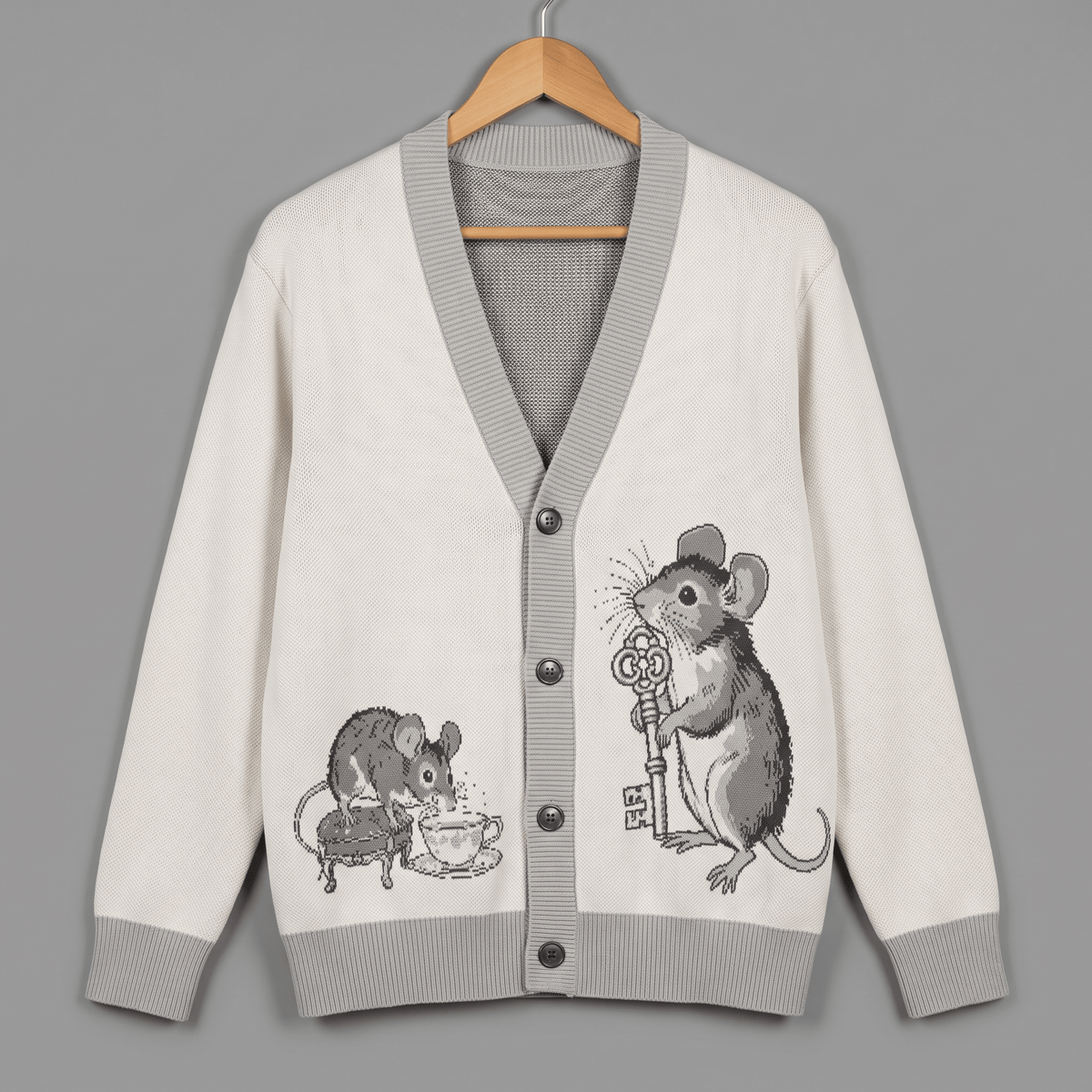 Front view of bone-colored V-neck cardigan featuring illustrated mice on cream jacquard knit