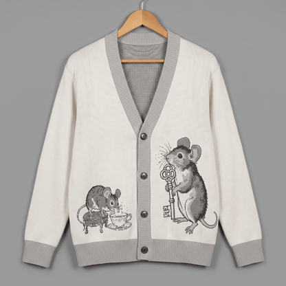 Front view of bone-colored V-neck cardigan featuring illustrated mice on cream jacquard knit