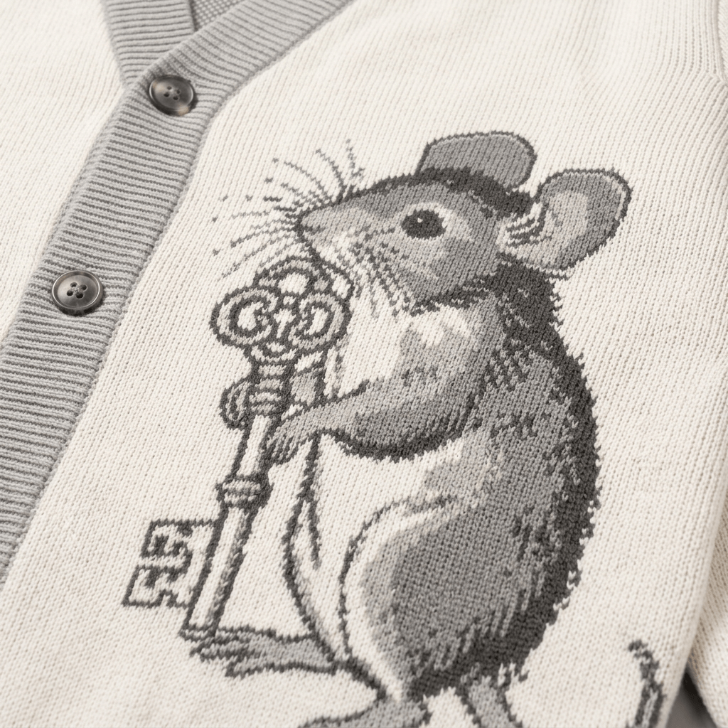 Cream jacquard knit cardigan detail: gray mouse holding skeleton key near ribbed placket