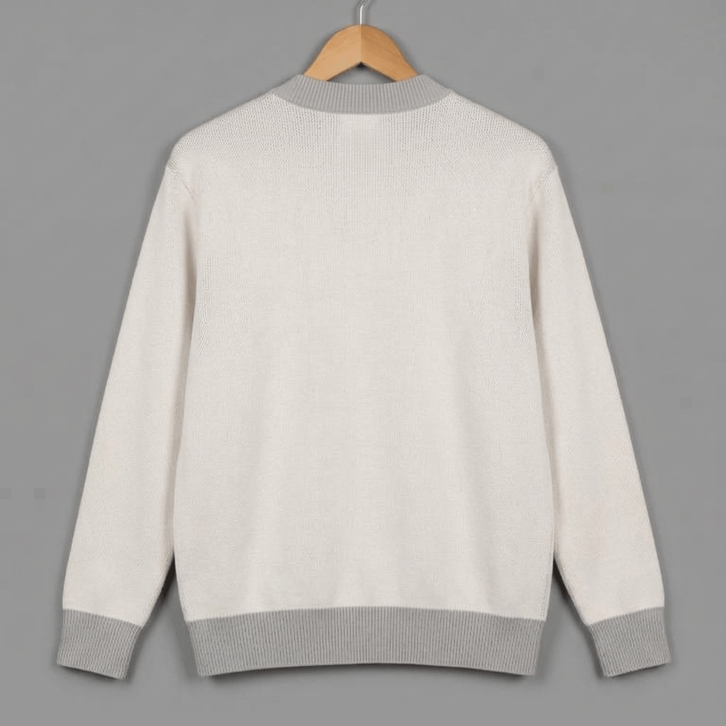 Back view of cream button-front cardigan with light gray ribbed hem and cuffs