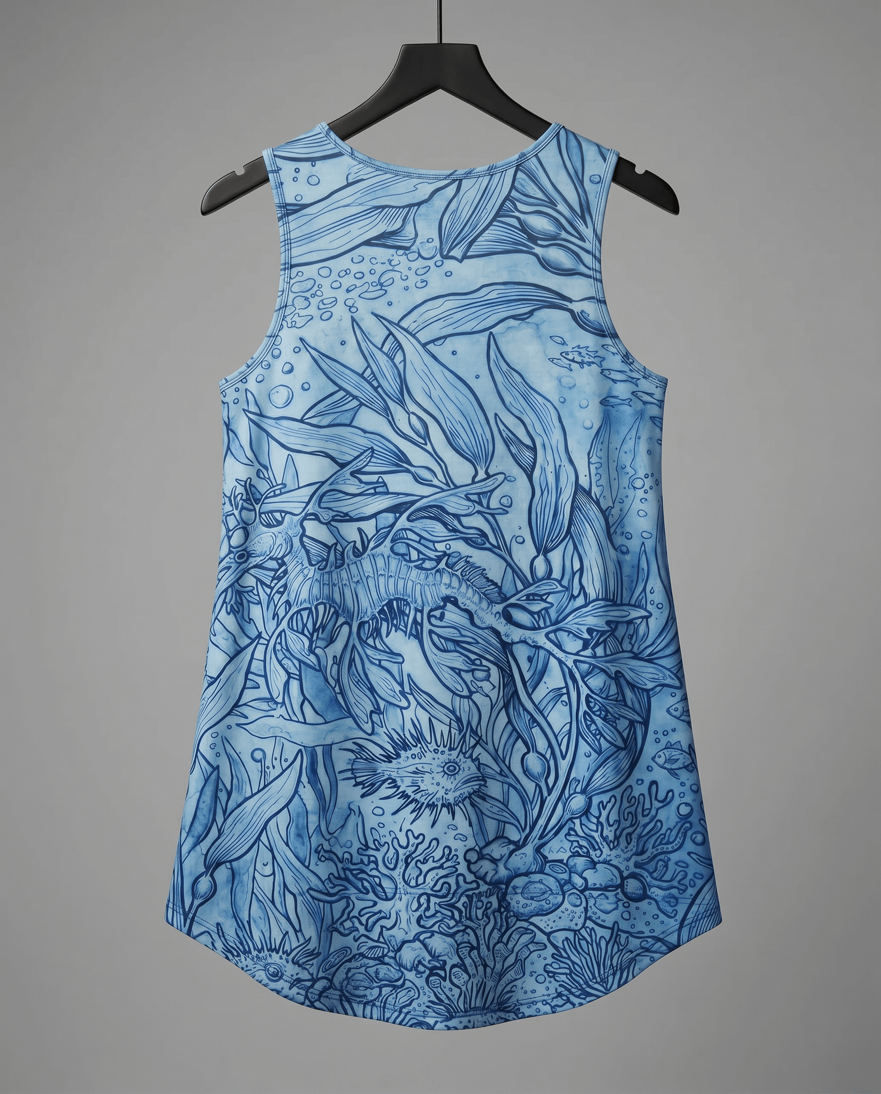 Back view of blue marine life print sleeveless dress with high-low hem