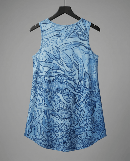 Back view of blue marine life print sleeveless dress with high-low hem