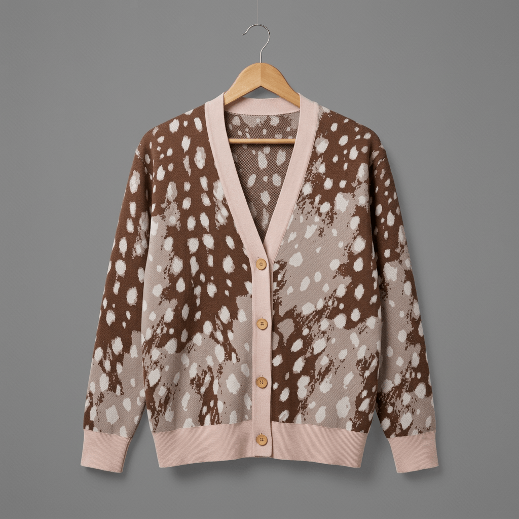 Brown and beige deer spot jacquard knit cardigan with pale pink trim