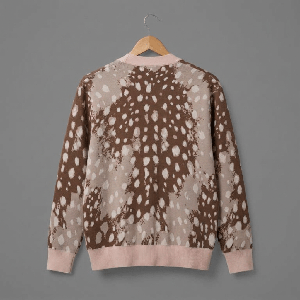 Back view of deer spot cardigan showing hem and cuff trim