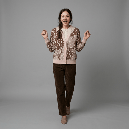 Model wearing spotted cardigan over lace blouse and corduroy trousers