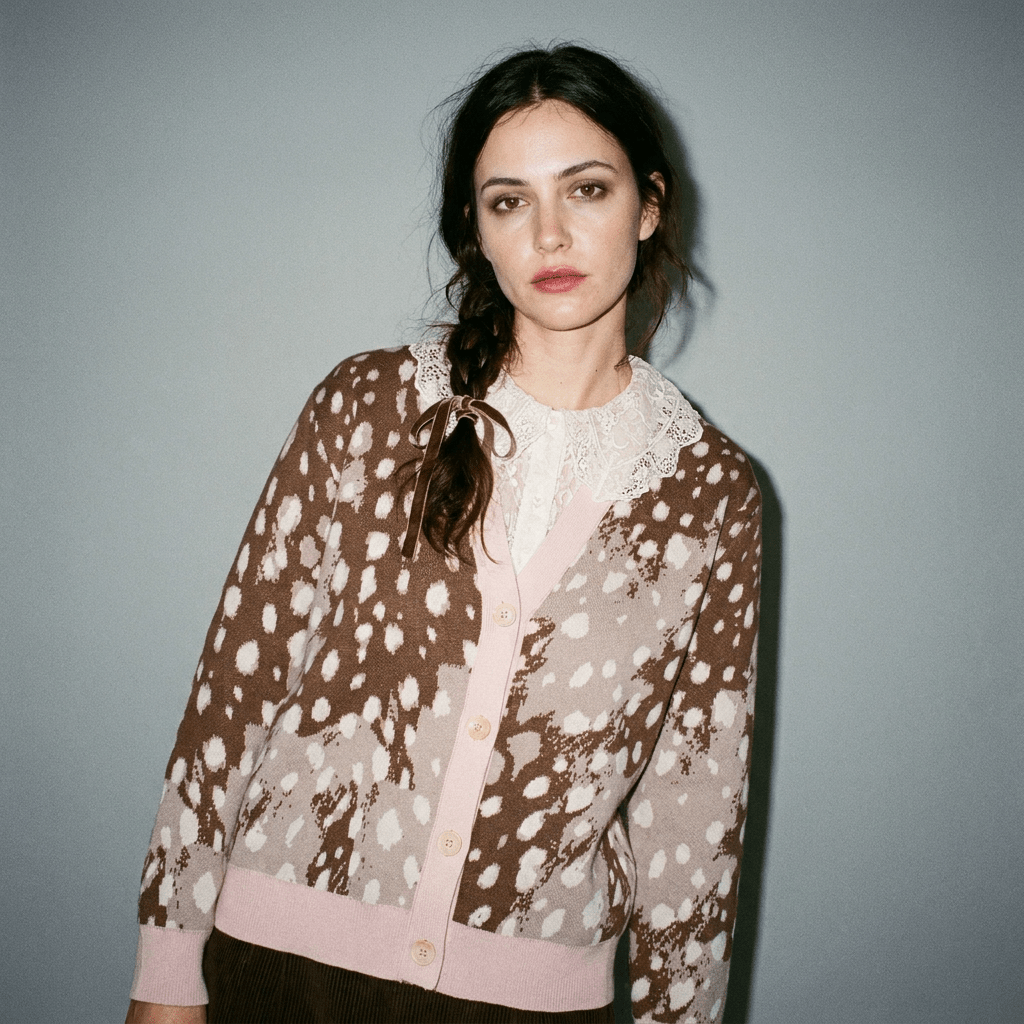 Cardigan layered open over white lace top with ribbon tie detail