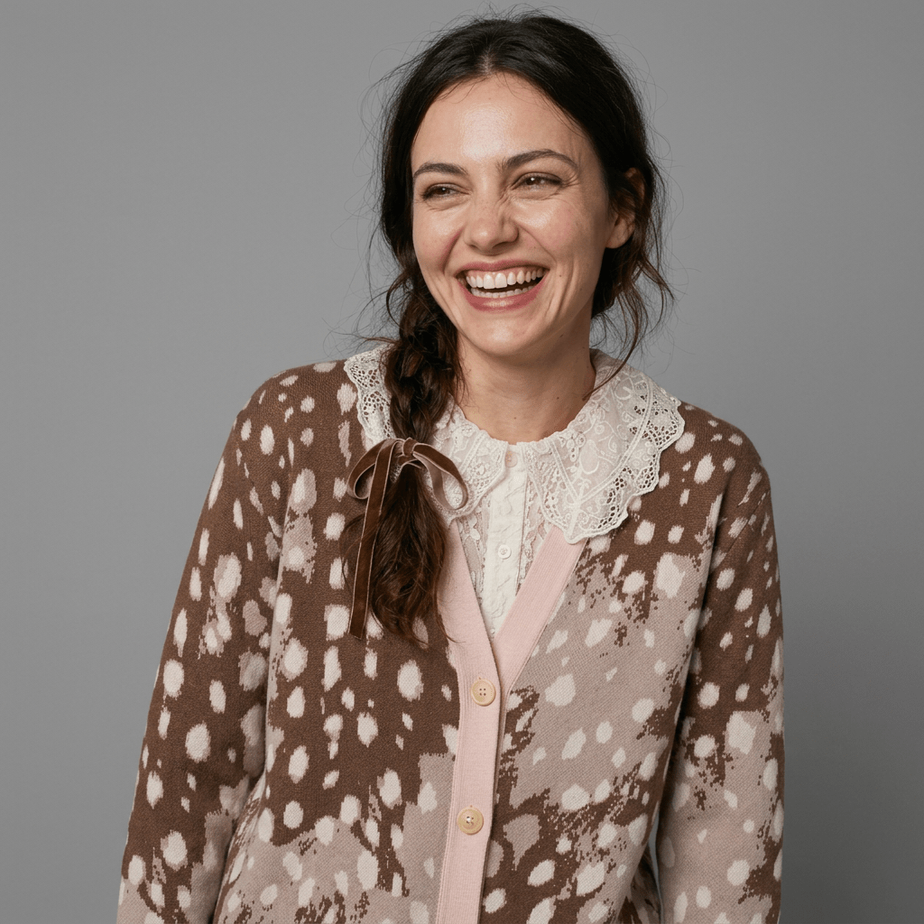 Laughter shot of model in spotted cardigan and lace blouse neckline