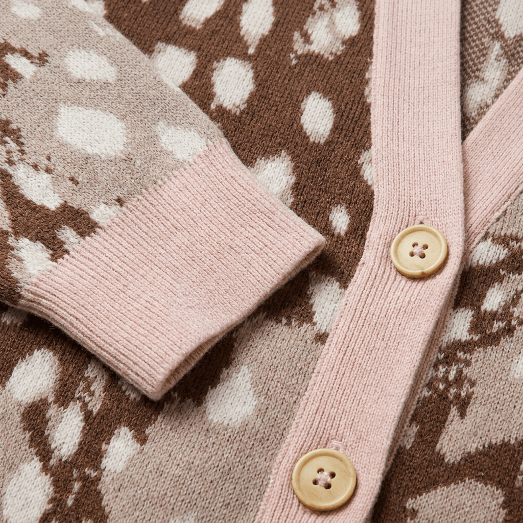 Close-up of ribbed cuff, wooden buttons, and spotted knit texture