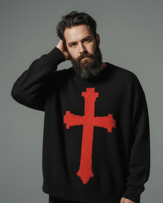 Man wearing black knit sweater with pixelated red cross chest detail portrait