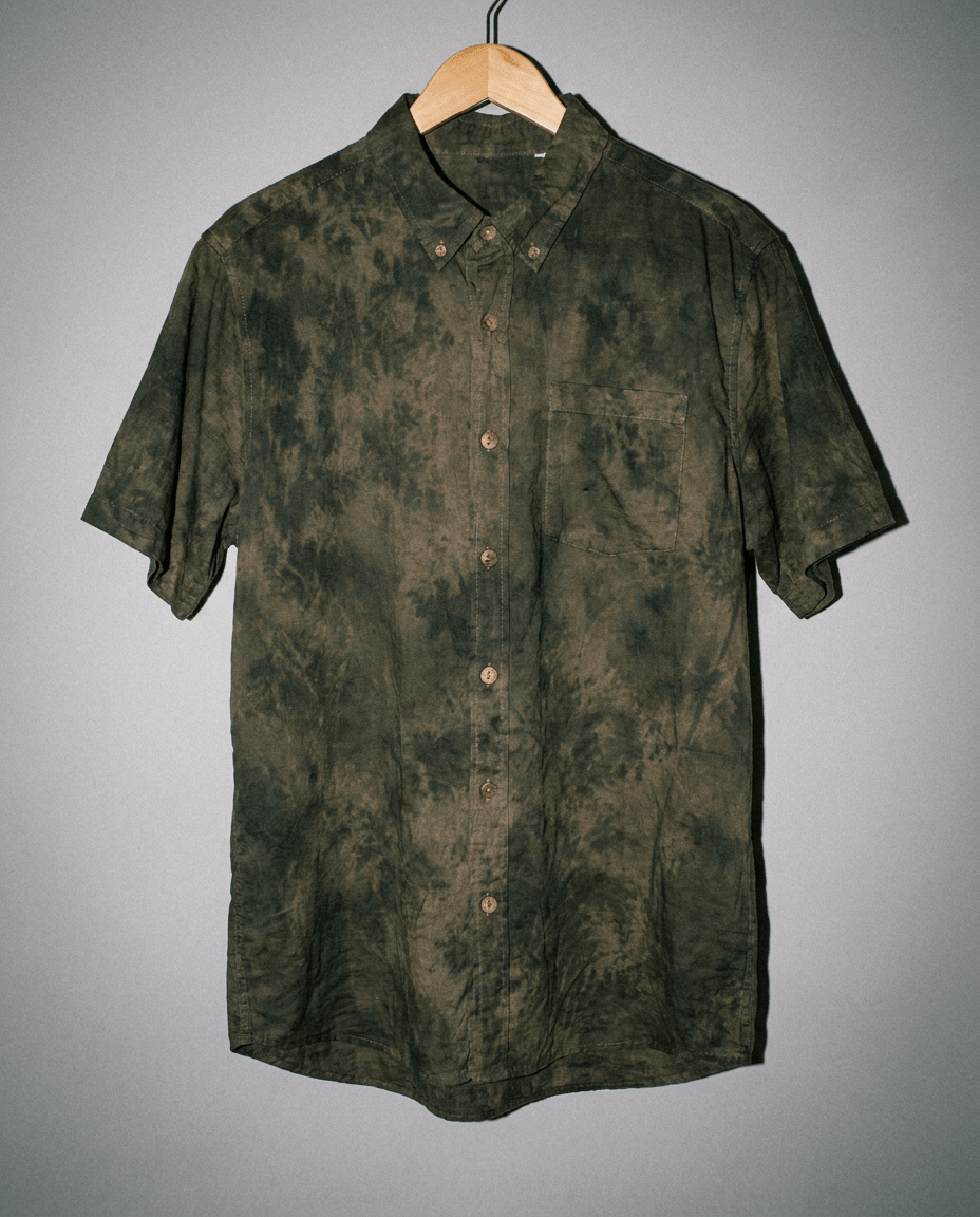 Riffhaus MILDEW olive green and brown mottled print short sleeve button up shirt on hanger