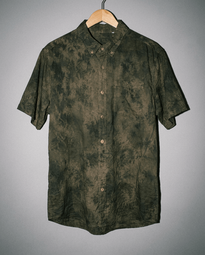 Riffhaus MILDEW olive green and brown mottled print short sleeve button up shirt on hanger