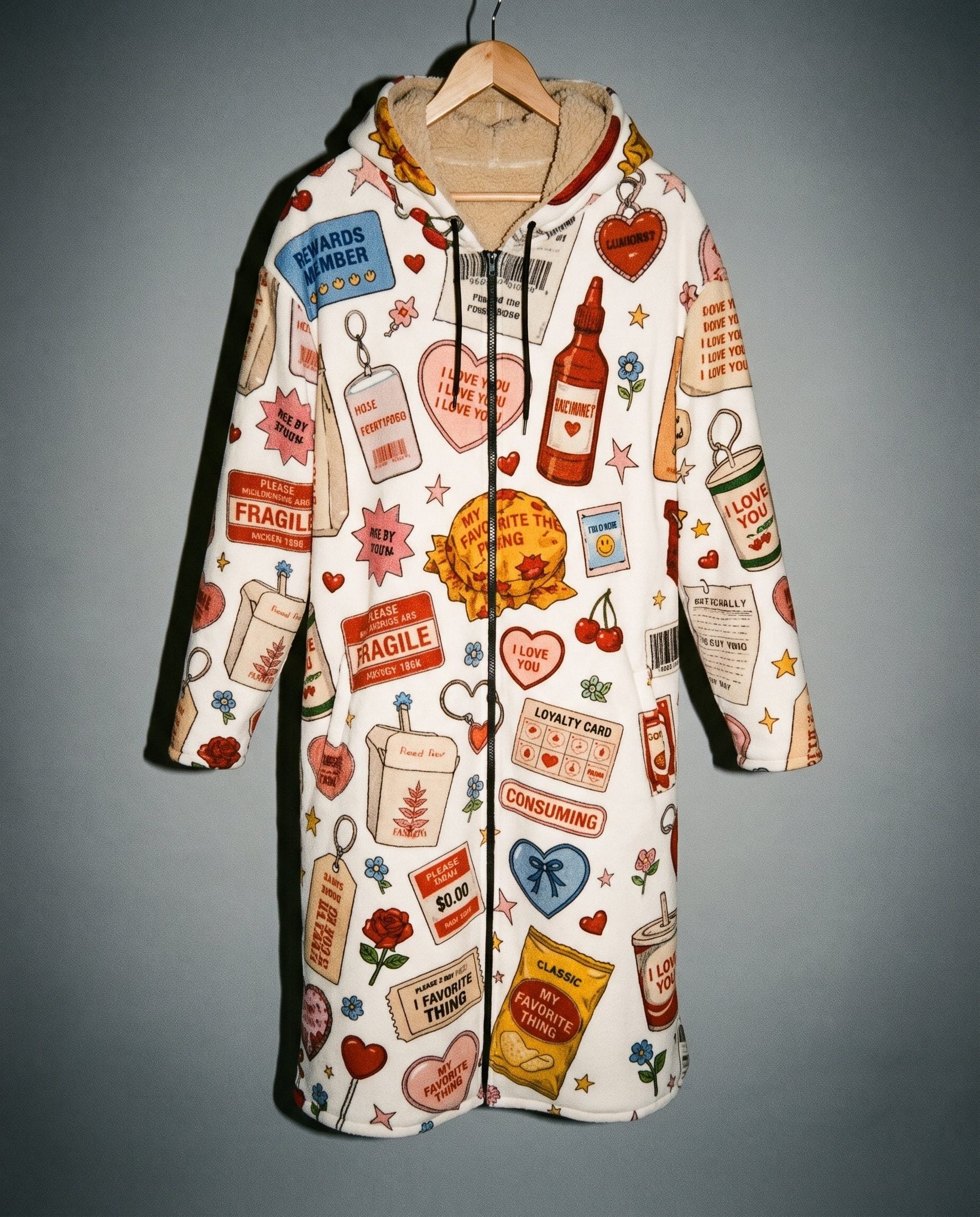 Front view of white zip-up coat featuring busy 'I LOVE YOU' and retail icon print design