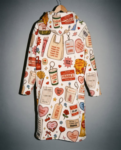 Back view of white hooded coat with dense heart and text graphic print and plush lining