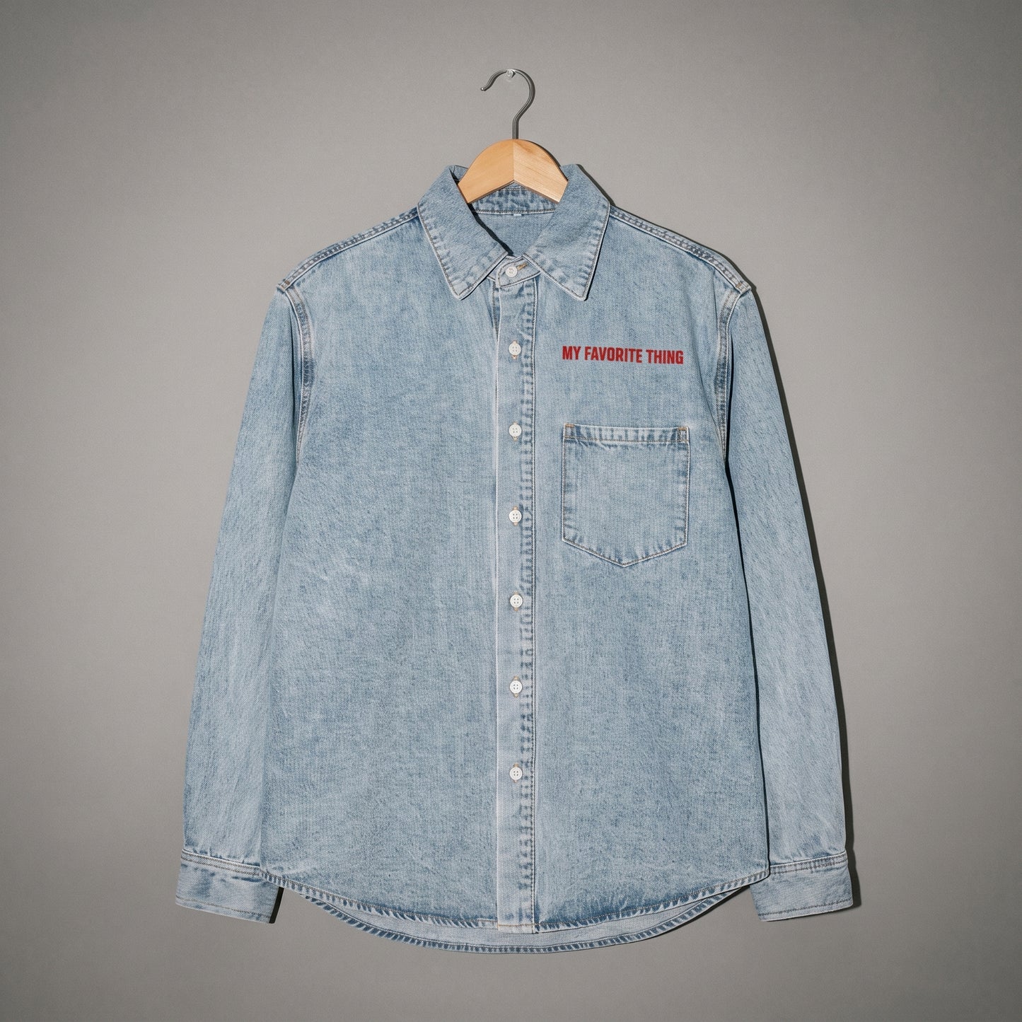 Riffhaus MY FAVORITE THING light-wash denim button-up shirt with chest pocket and red text
