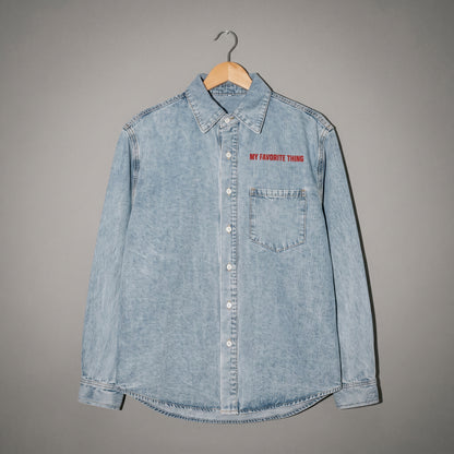 Riffhaus MY FAVORITE THING light-wash denim button-up shirt with chest pocket and red text