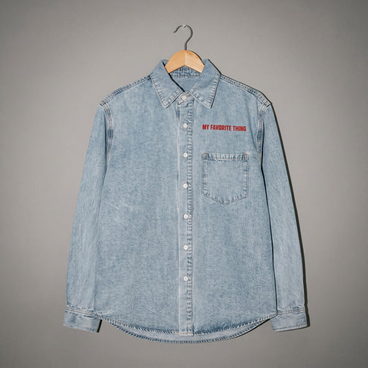Riffhaus MY FAVORITE THING light-wash denim button-up shirt with chest pocket and red text