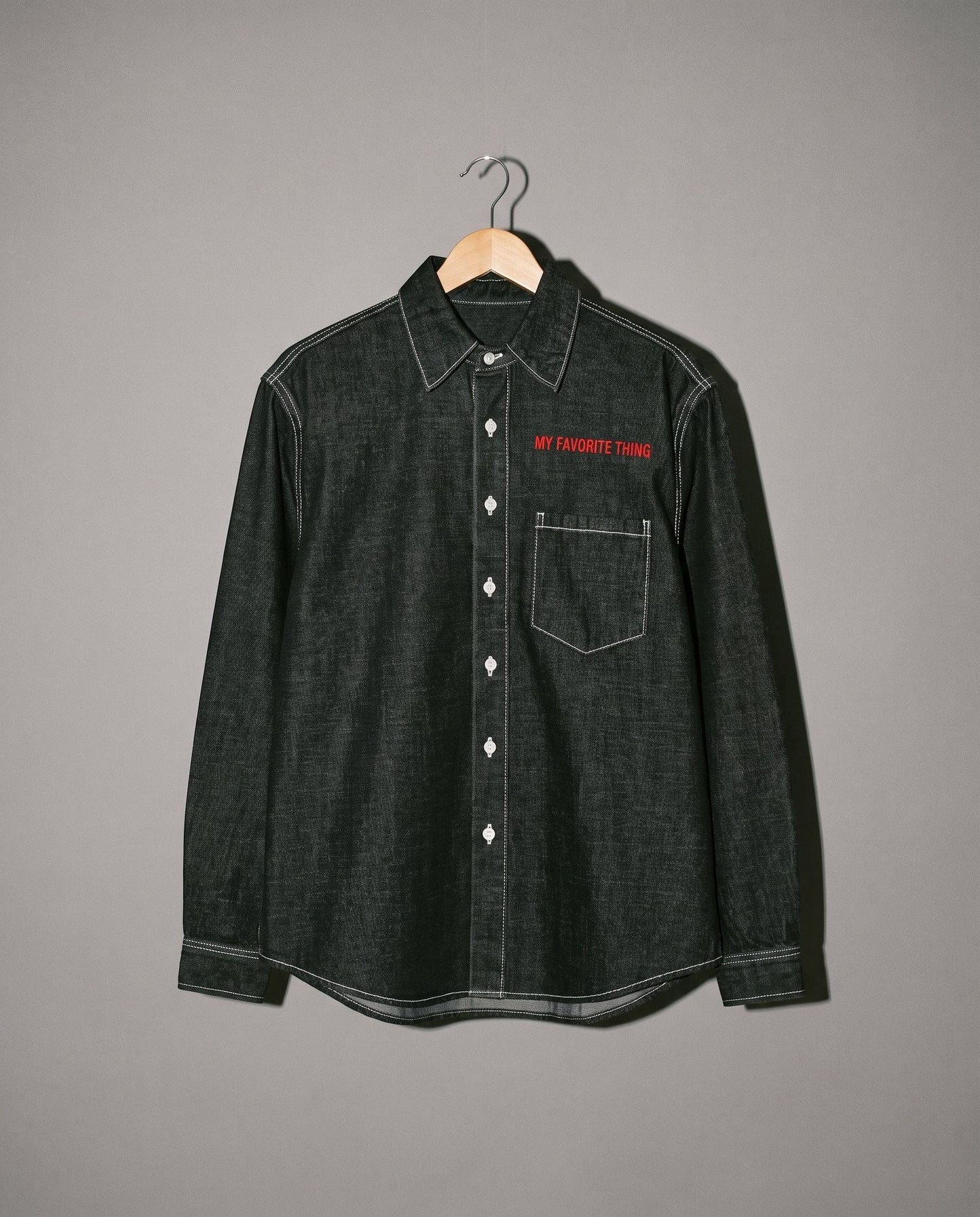 Riffhaus MY FAVORITE THING dark gray washed cotton-blend button shirt with red embroidery