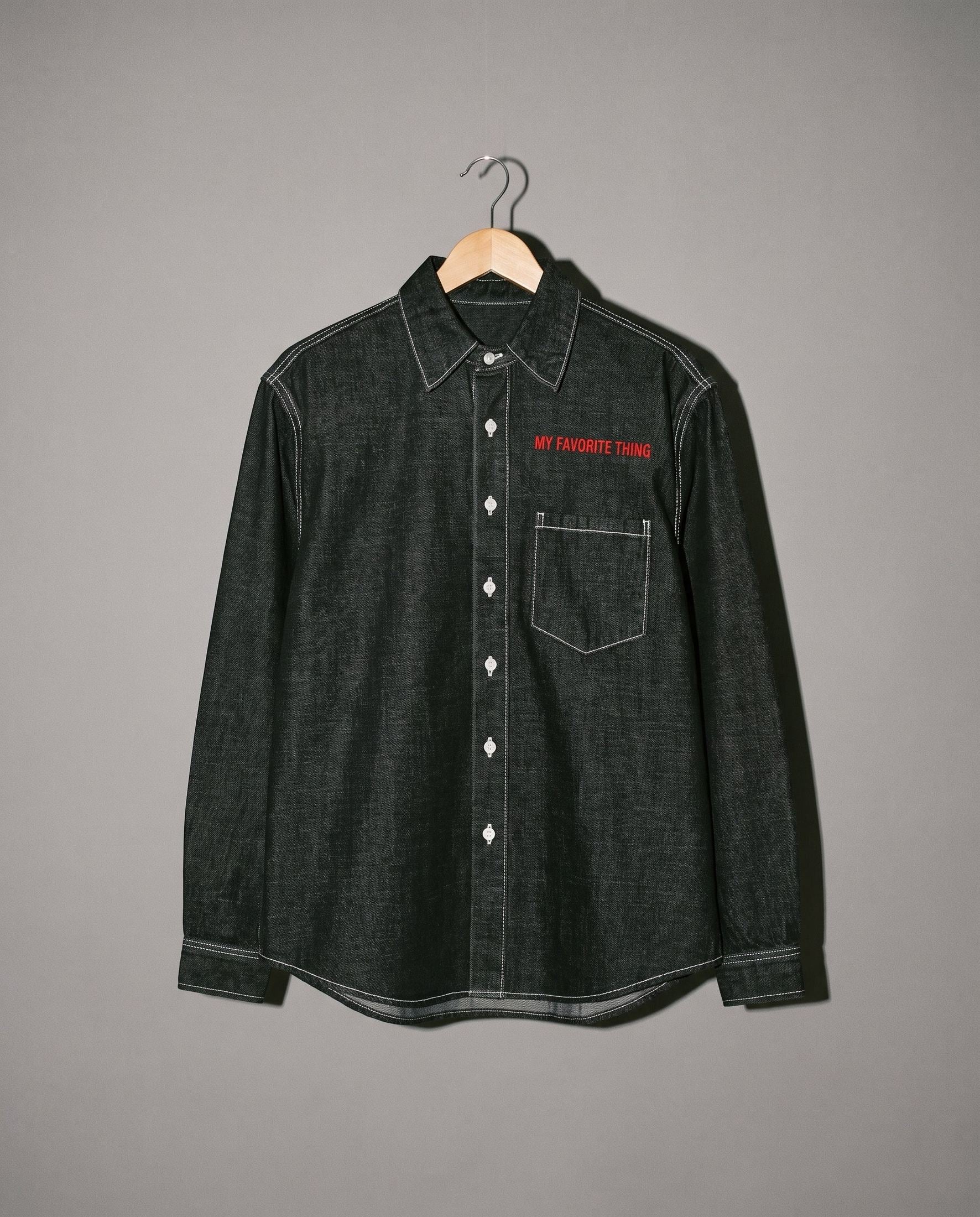 Riffhaus MY FAVORITE THING dark gray washed cotton-blend button shirt with red embroidery
