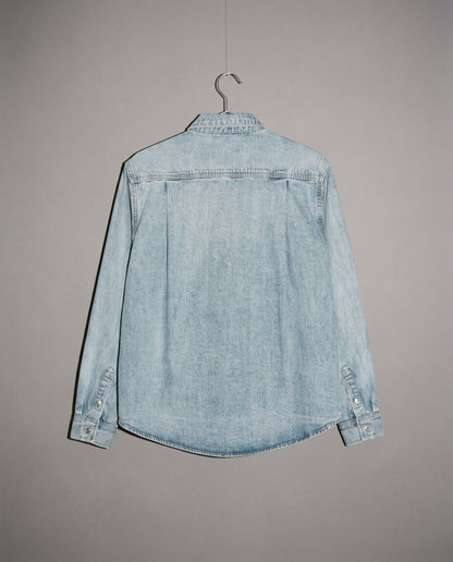 Riffhaus light-wash denim long-sleeve shirt back view with double-stitched seams