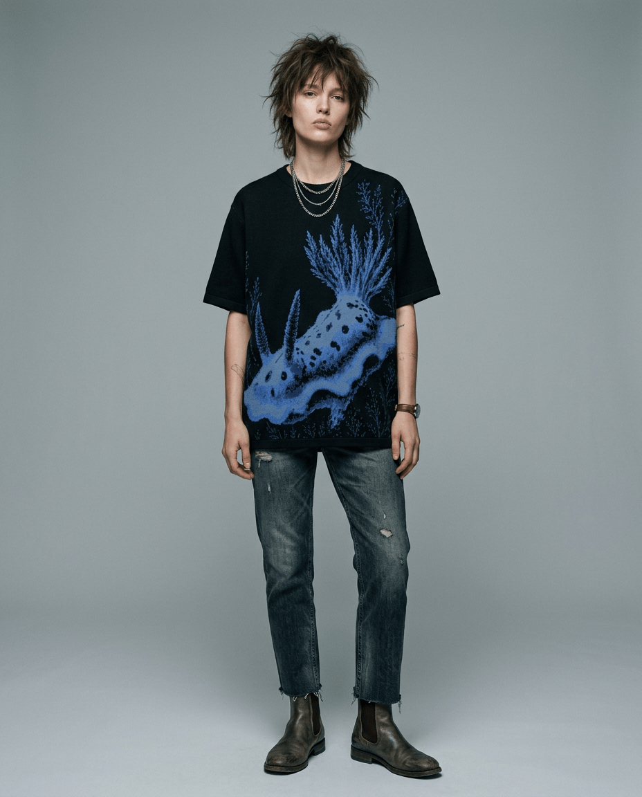 Oversized black nudibranch knit t-shirt worn by model with ripped jeans