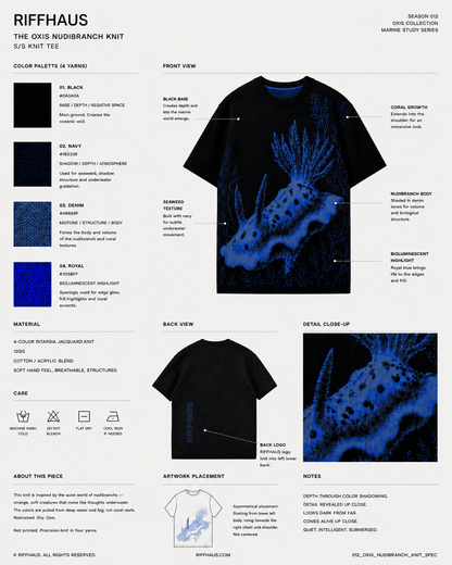 Oxis Nudibranch Knit S/S T-Shirt spec sheet with color swatches and details
