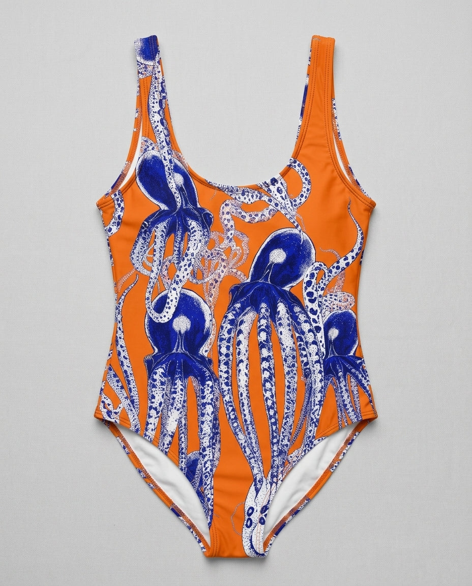 Close-up of blue and white octopus tentacle pattern on orange one-piece swimsuit fabric