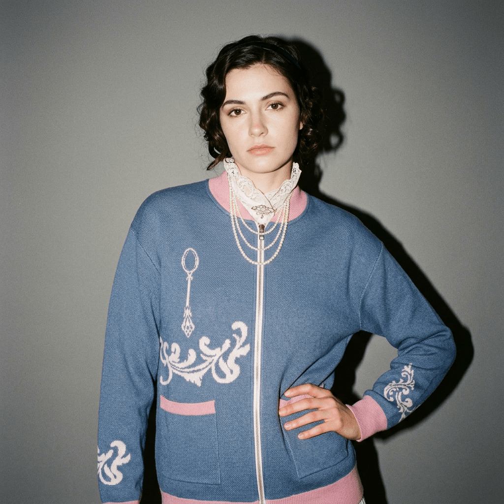 Blue knit bomber jacket with pink trim worn by model in casual pose against grey background