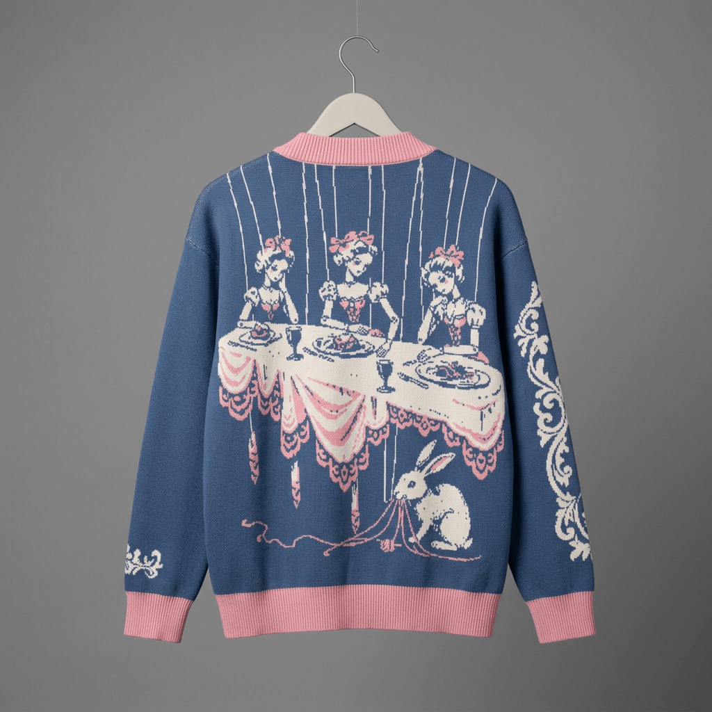 Blue knit bomber jacket with pink trim and marionette tea party jacquard back design