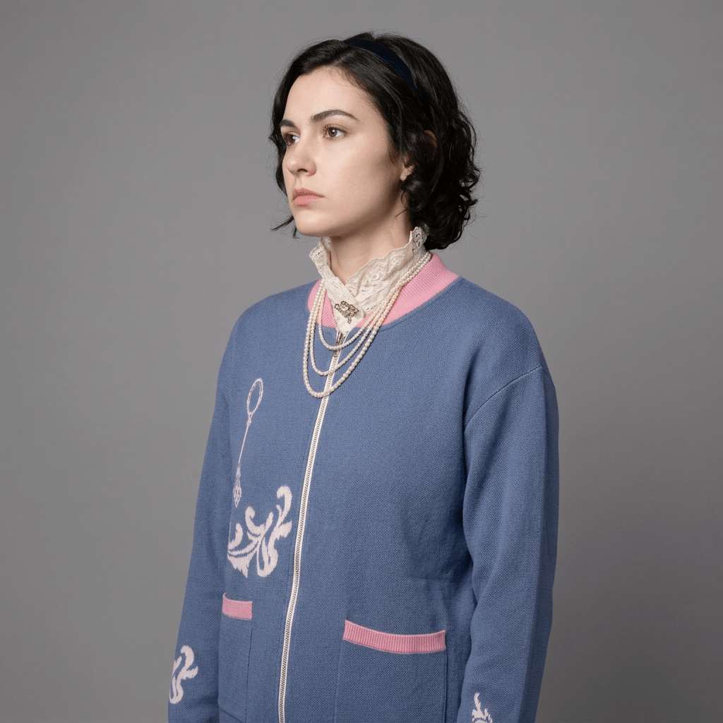 Model wearing blue knit bomber jacket with pink ribbed trim and white baroque scroll front detail