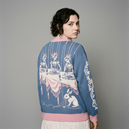 Back view of blue knit bomber jacket featuring full marionette tea party jacquard illustration