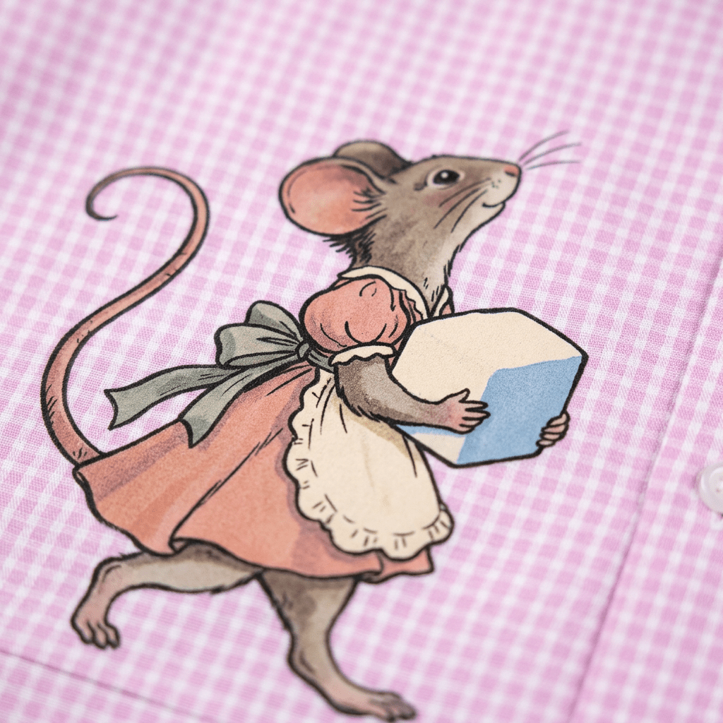 Close-up of mouse illustration carrying sugar cube on pink plaid fabric