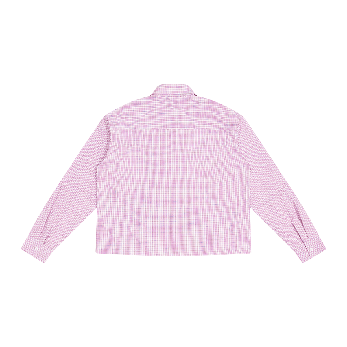 Pink and white gingham long sleeve shirt back view with yoke seam