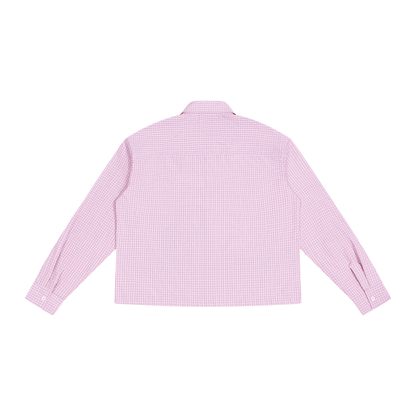 Pink and white gingham long sleeve shirt back view with yoke seam