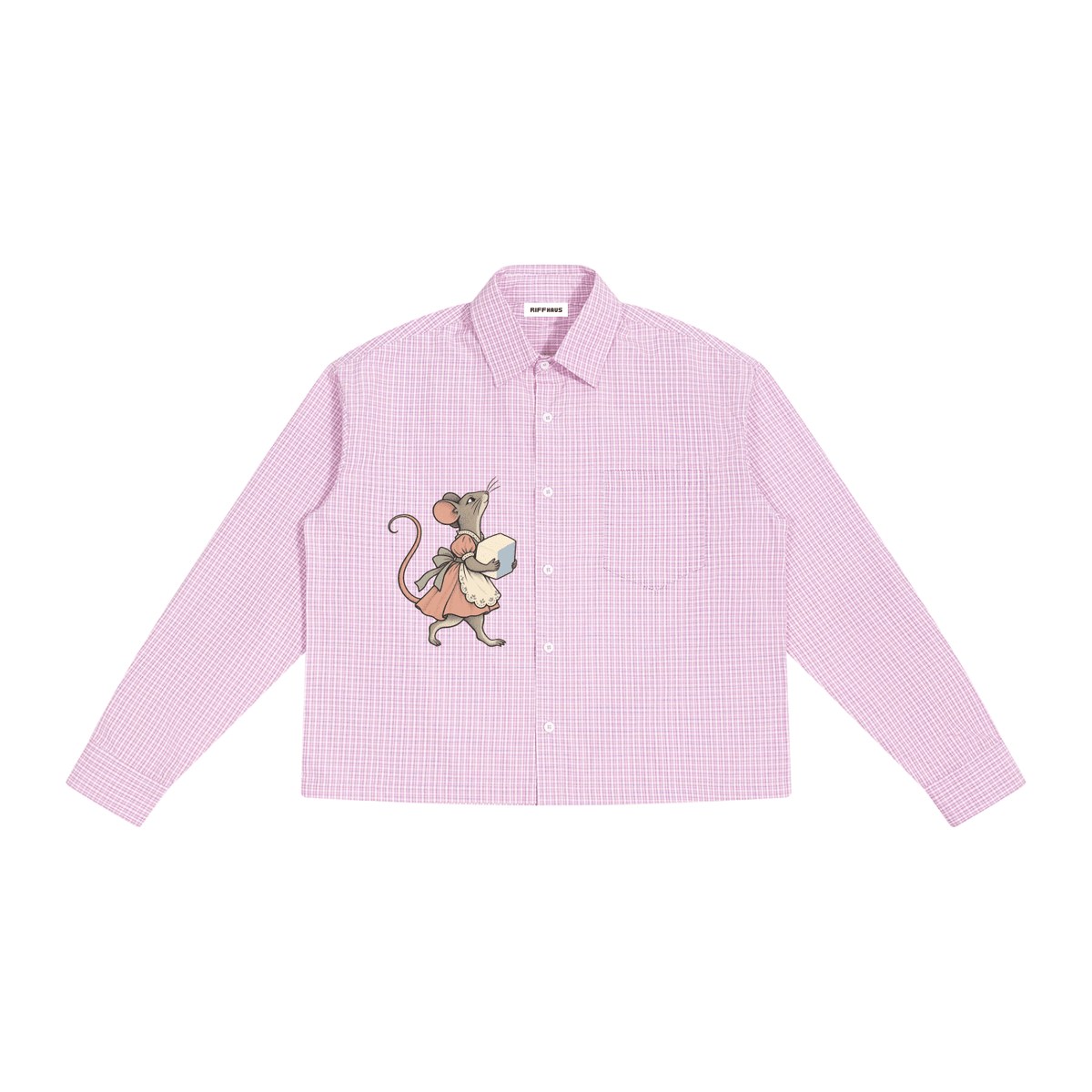 Flat lay of pink gingham shirt with embroidered mouse and RIFFHAUS label
