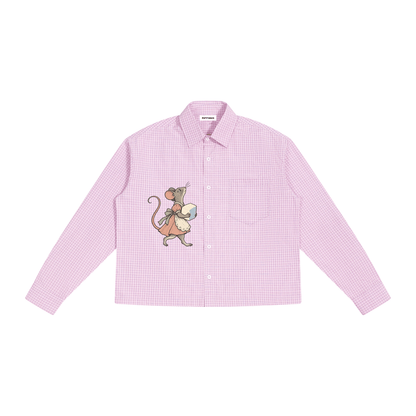 Flat lay of pink gingham shirt with embroidered mouse and RIFFHAUS label