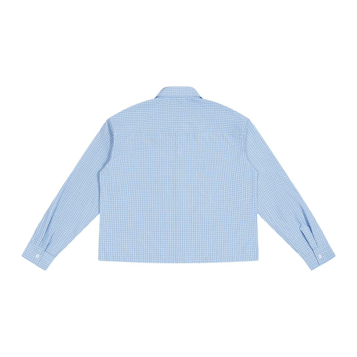 Light blue and white gingham long sleeve shirt back view laid flat