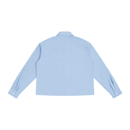 Light blue and white gingham long sleeve shirt back view laid flat