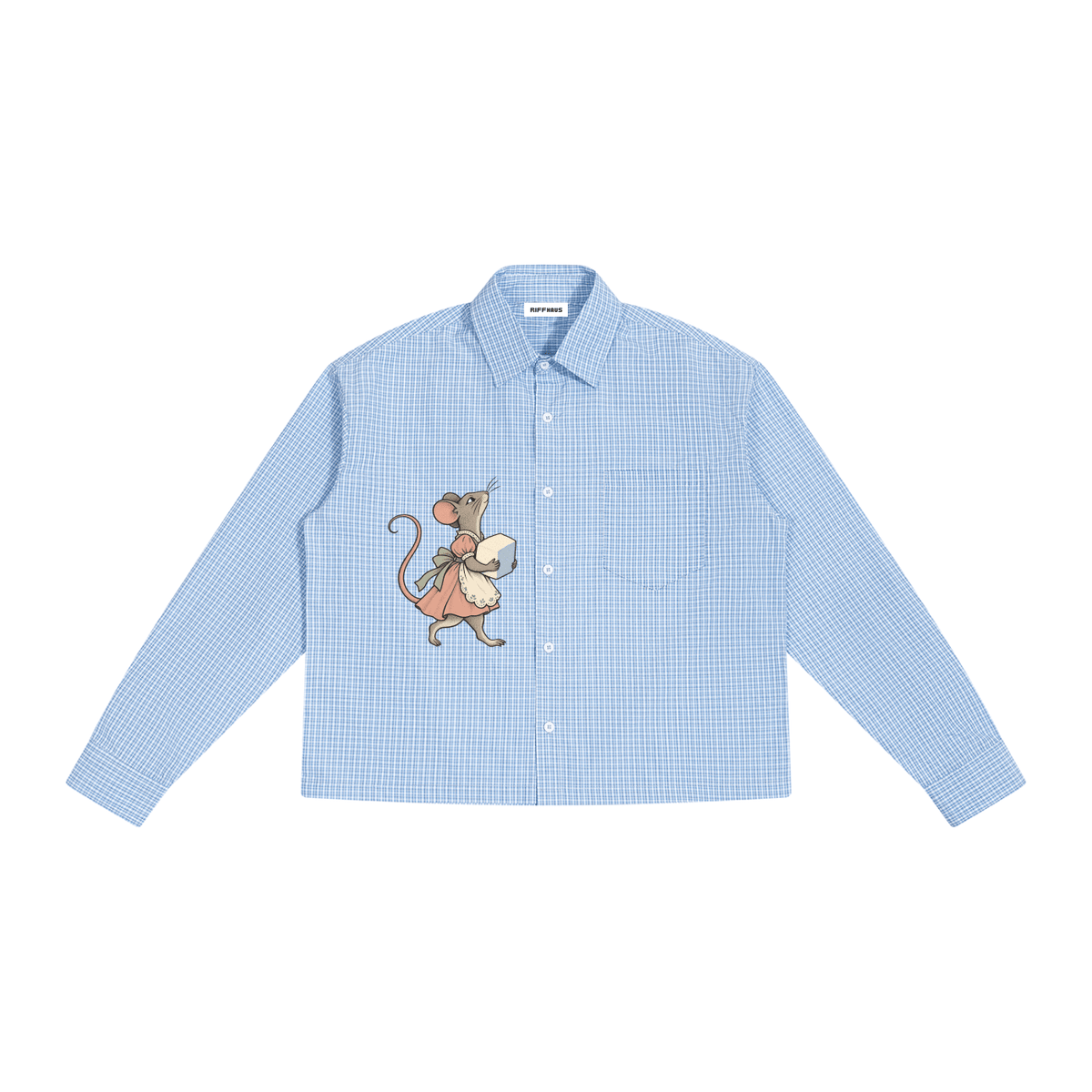Front view of light blue gingham shirt with mouse graphic and pocket