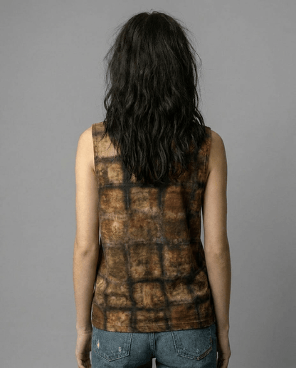 Back view of relaxed fit Riffhaus PLOT tank top featuring geometric garden print