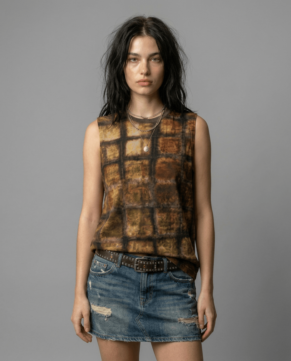 Riffhaus PLOT sleeveless tank top with earthy grid pattern in moss green and brown