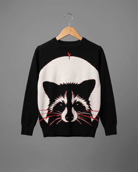 Black RACCOON MINI crewneck sweater featuring stylized raccoon face intarsia design