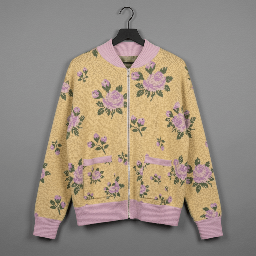 Front flat lay of zip-up knit bomber with silver zipper and pockets