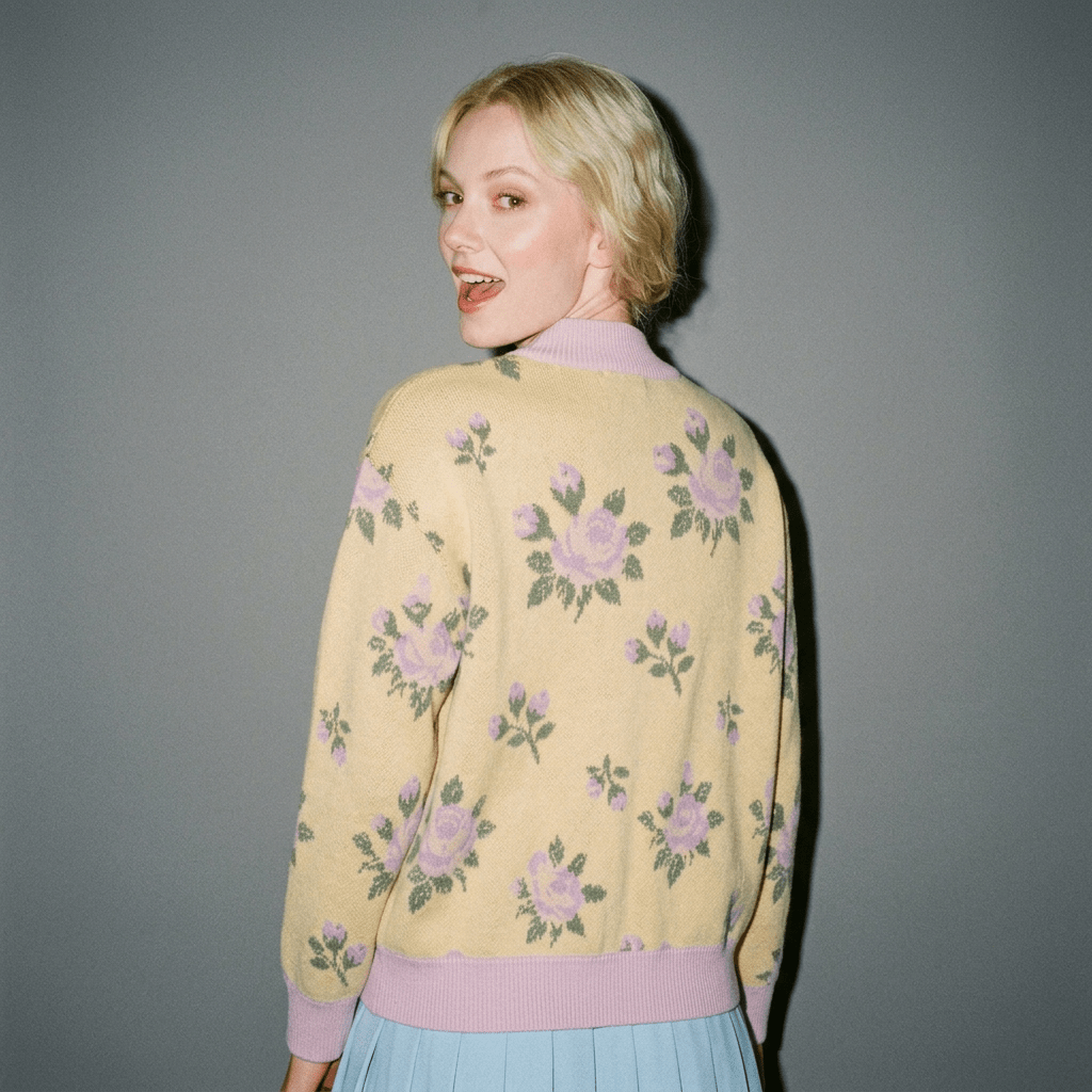Back view of yellow knit bomber displaying continuous rose leaf motif