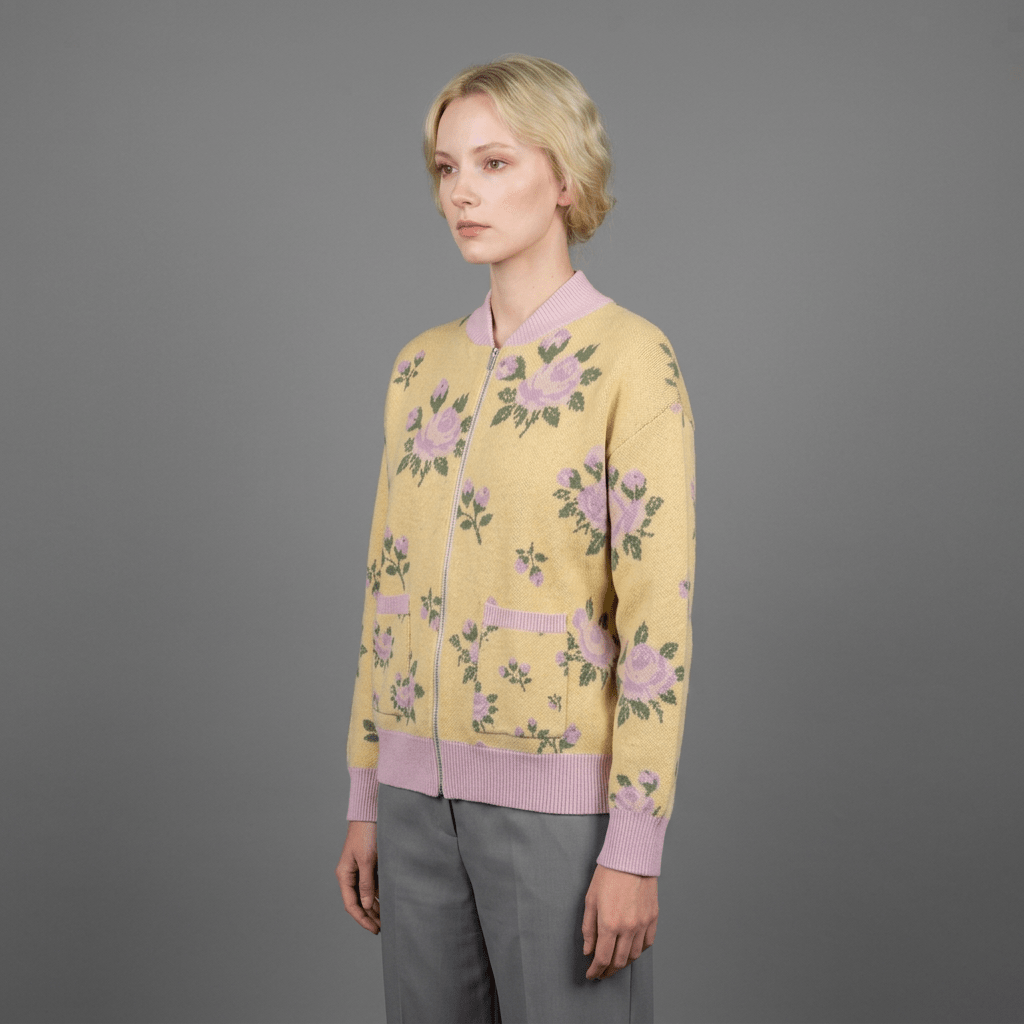 Primrose yellow knit bomber with faded lavender rose motifs and green foliage