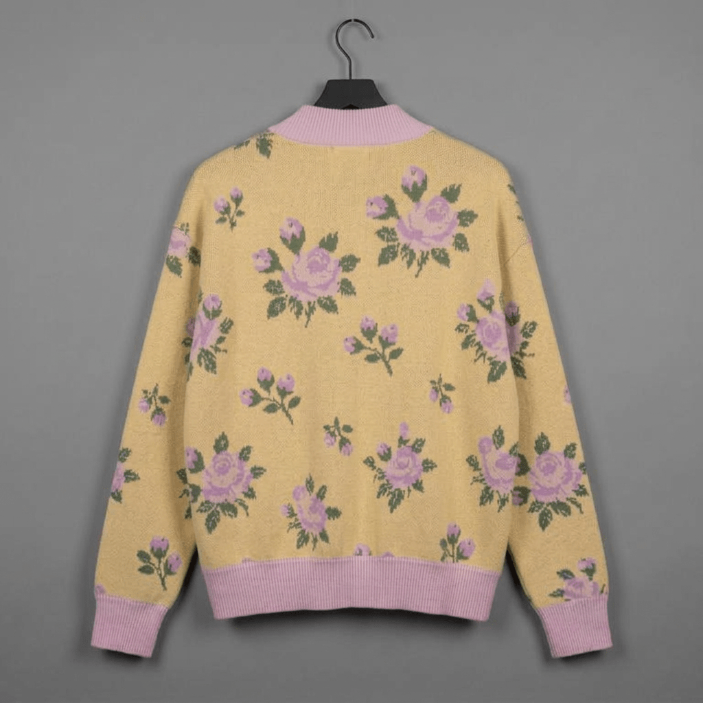 Back of yellow knit bomber on hanger with scattered rose pattern